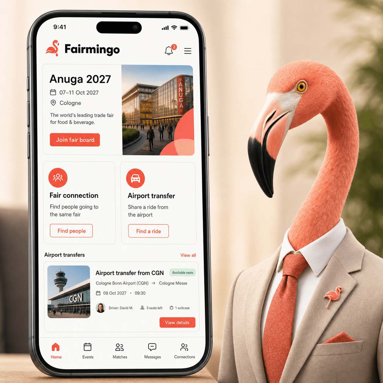 Fairmingo mobile app preview with fair connections and airport transfer
